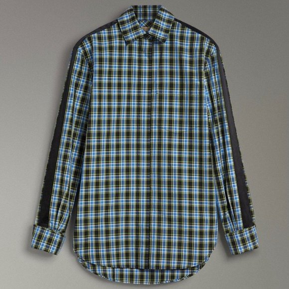 NWT Burberry Silk Trim Plaid Long Sleeve Shirt Azure Blue US 2 Cotton & Silk